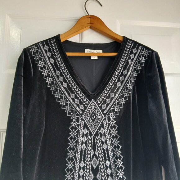 Coldwater Creek Black Velvet Boho Midi Dress with White Embroidery Front Size PM - Picture 3 of 8